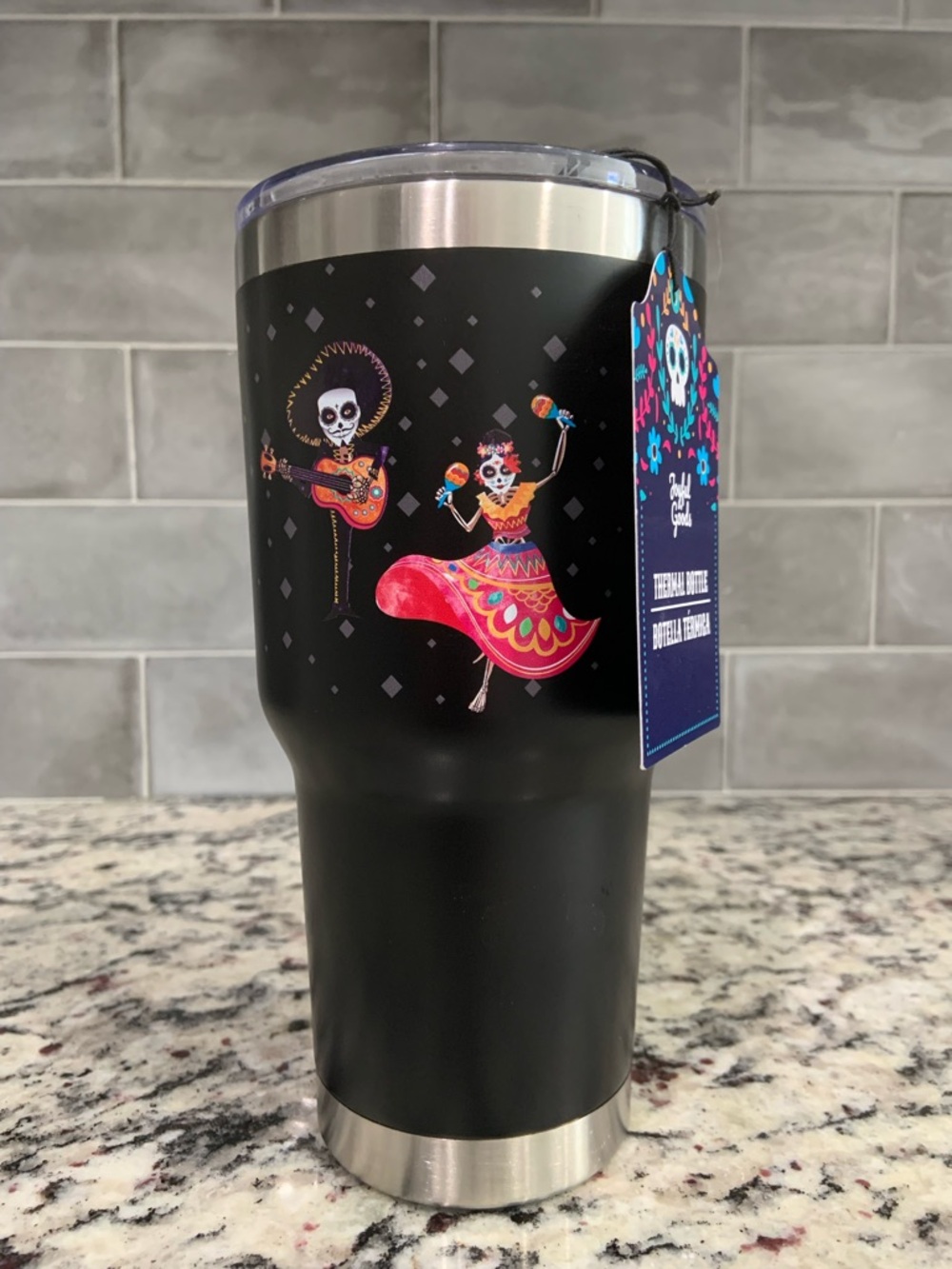 Black Day of the Dead Stainless Tumbler with Colorful Skeleton Design- BNWT